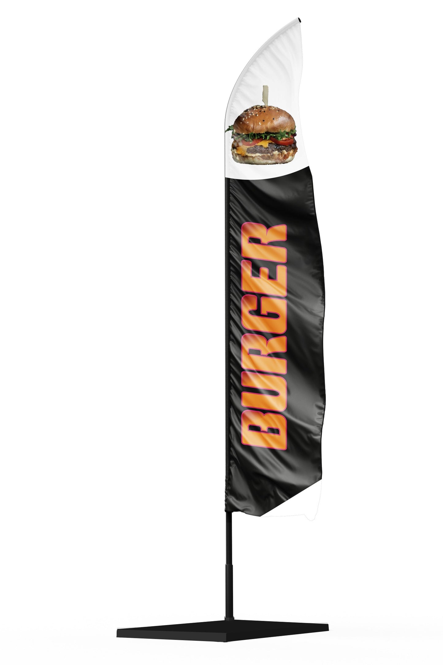 drapeau publicitaire d'une hauteur de 6m maximum orné d'un marquage "Burger" et d'un visuel de hamburger en haut de la voile.