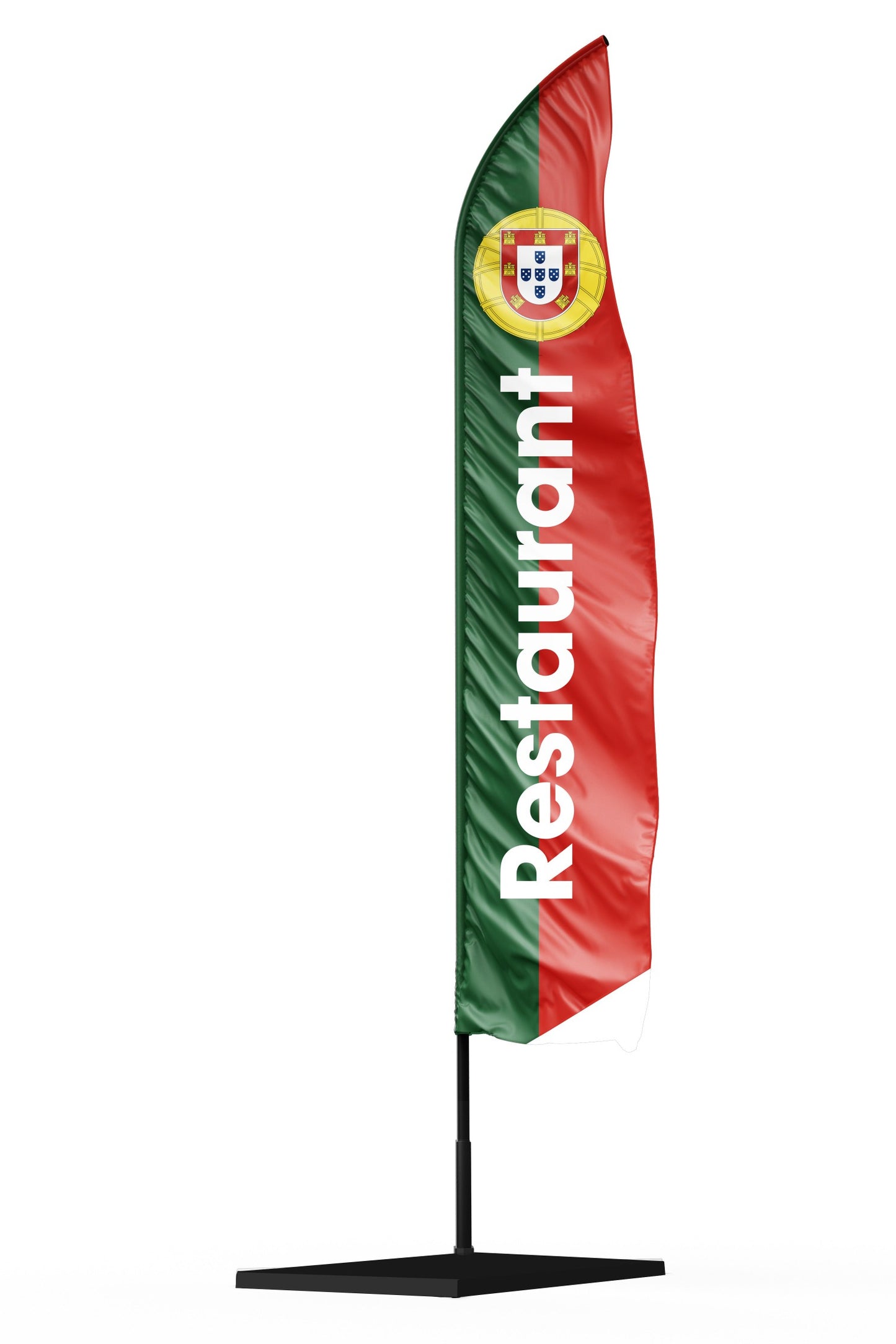 Drapeau oriflamme avec une écriture blanche sur le drapeau du Portugal. Cette flamme ouverte dispose d'une pied stable. 