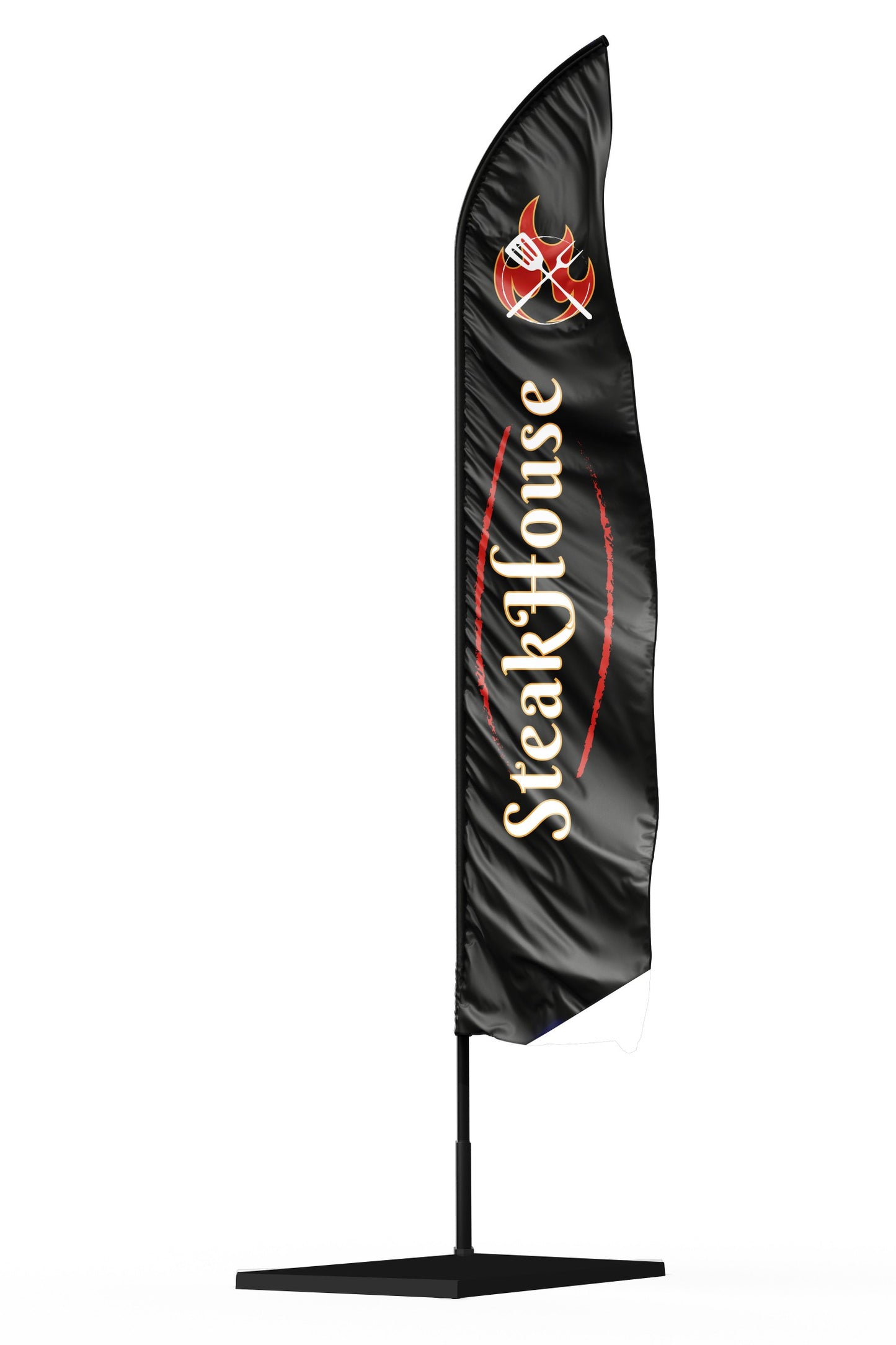 drapeau oriflamme publicitaire steakhouse de couleur noir avec un marquage blanc et un logo grill en haute de la voile.