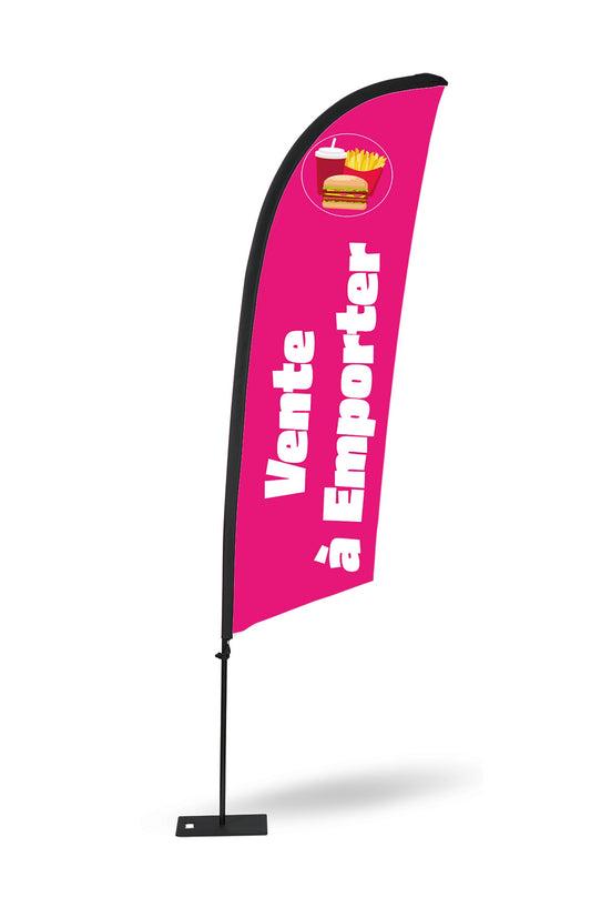 drapeau rose avec une inscription blanche vente à emporter plus une menu de fast food en haut de la voile. 