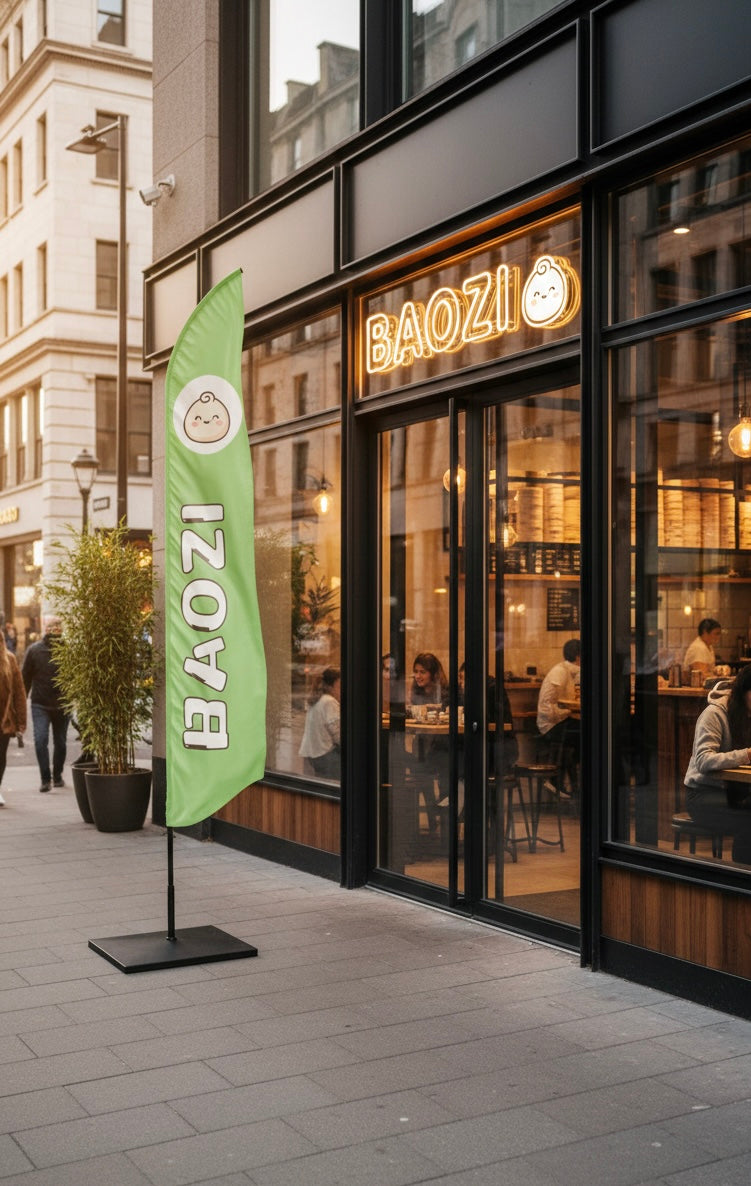 Oriflamme Publicitaire "BAOZI" – Décoration Attractive pour Vendeurs de Baozi et Cuisine Asiatique (2m à 6m)