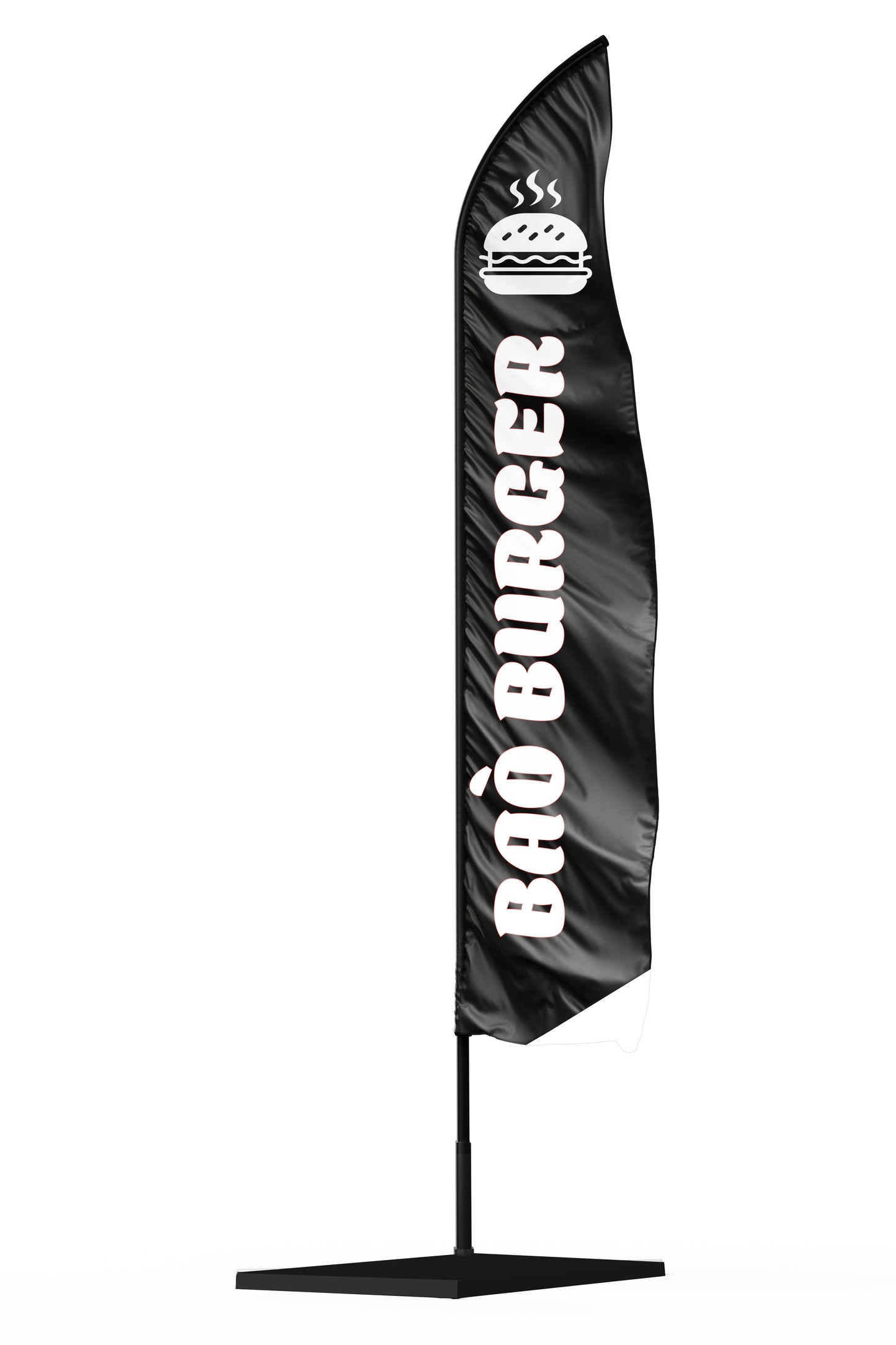 Drapeau noir avec une inscription blanche bao burger et un dessin de burger blanc en haut de la voile