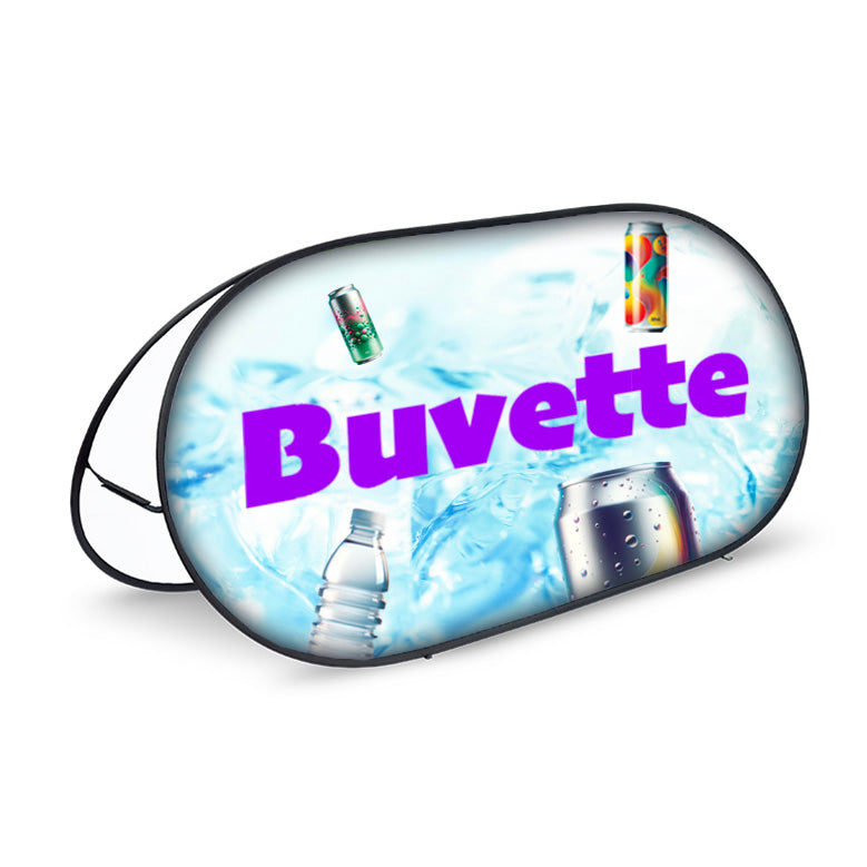 presentoir golf banner avec un grand visuel buvette entouré de canettes de soda et d'eau sur un fond glaçon