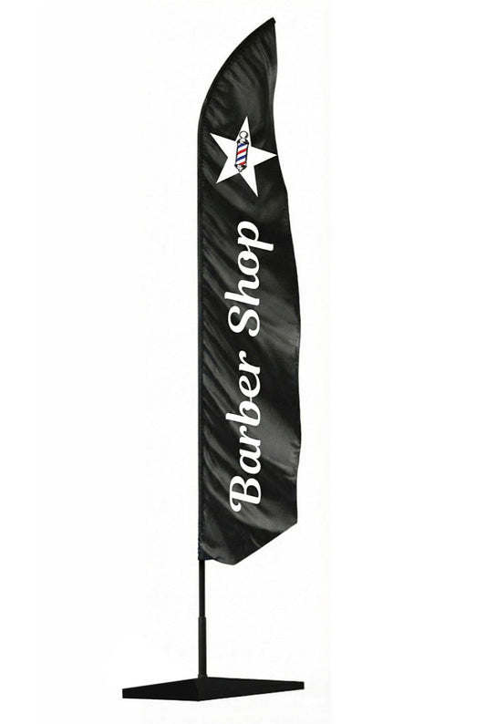 Oriflamme noire personnalisée pour barber shop avec logo étoilé et texte 'Barber Shop' en blanc, idéal pour signaler votre salon de coiffure ou barbier."