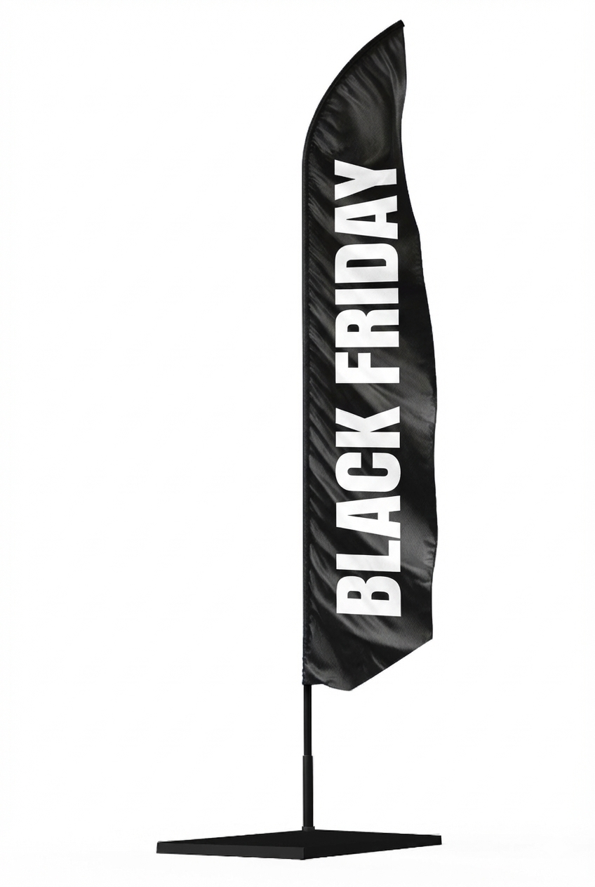"Oriflamme noir publicitaire Black Friday avec texte blanc, idéal pour signaler vos promotions en magasin ou en extérieur."