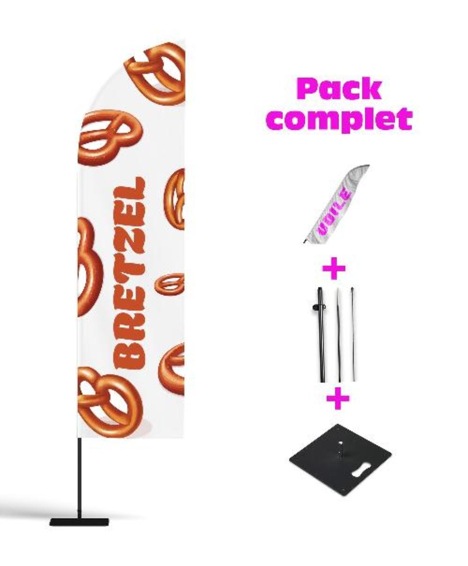 Pack complet avec socle mat et voile pour un drapeau oriflamme publicitaire Bretzel avec une écriture marron dorée et des bretzels de différentes tailles