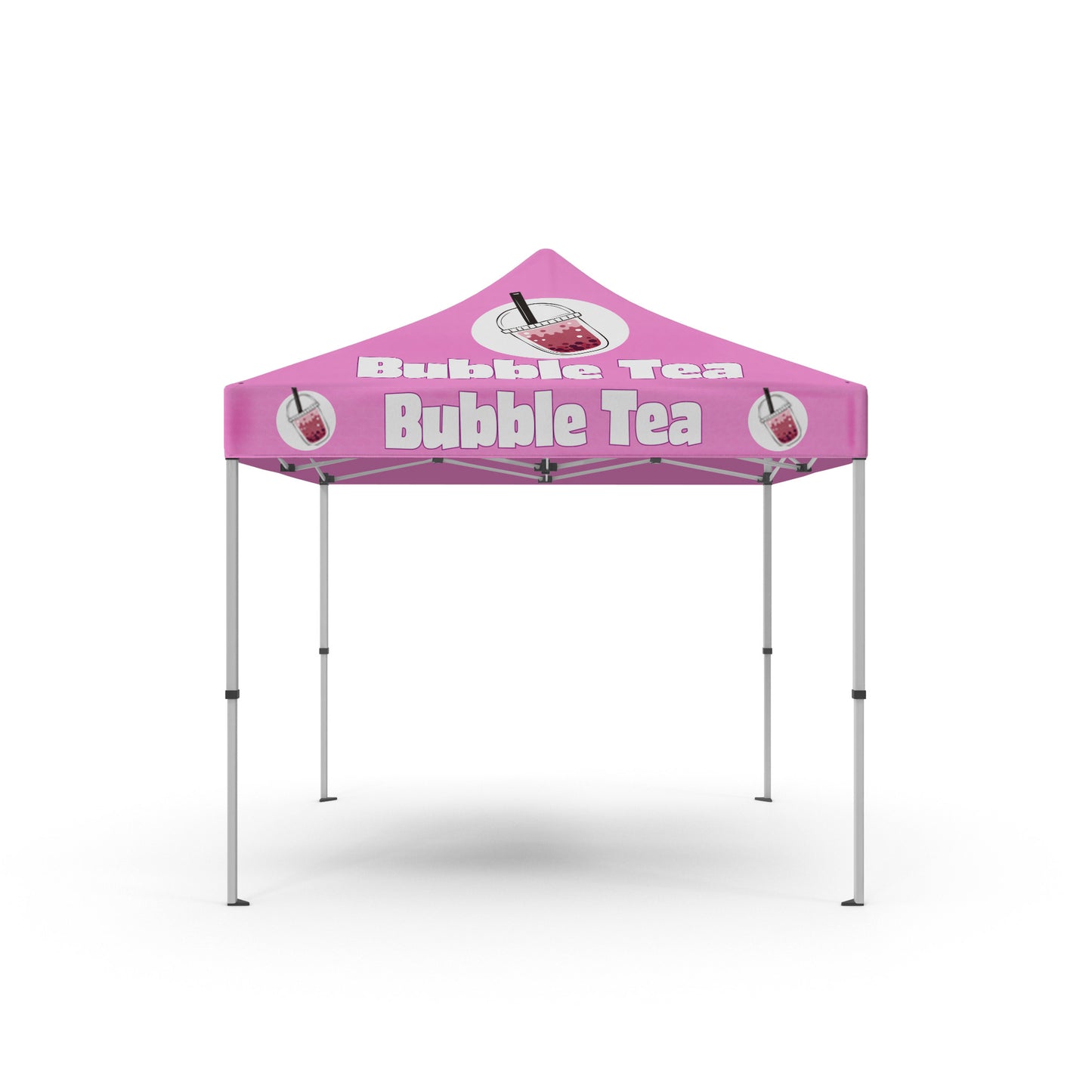 Vu de face Tente d'exposition pliable de couleur rose avec l'inscription Bubble Tea barnum flag minute 