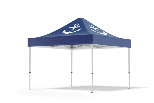 Tente pliable type barnum avec une voile bleu et un logo blanc d'une ancre marine pour accueillir les activités nautiques
