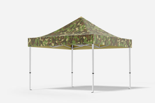 Tente pliable barnum avec une toile couleur camouflage numérique vert marron et sable 