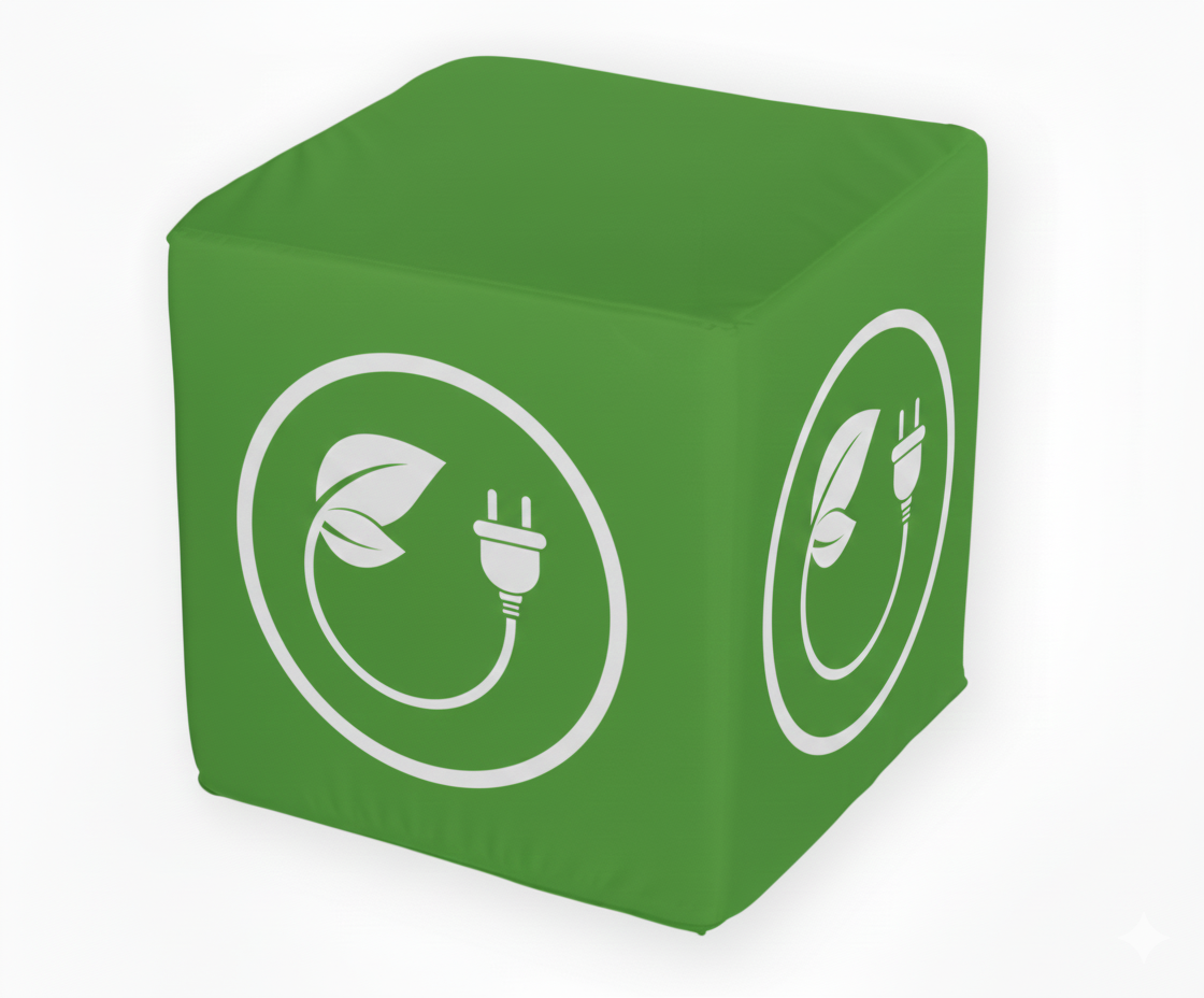 Cube accueil personnalisable vert avec motifs énergie verte (feuille et prise électrique), idéal pour les salons, foires et événements axés sur les énergies renouvelables.