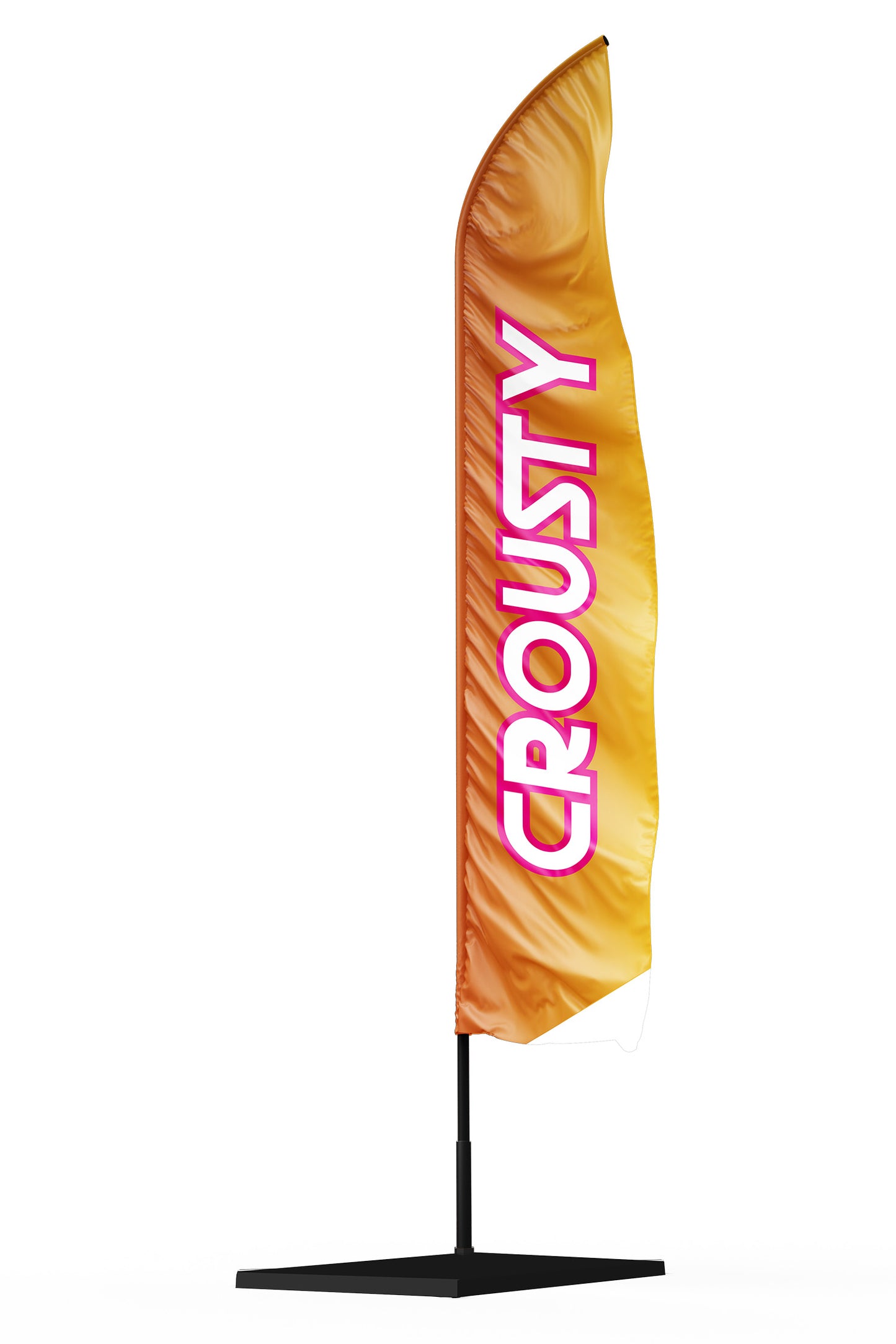 Oriflamme drapeau publicitaire  rouge et jaune publicitaire 'CROUSTY' de 2m à 6m avec texte en jaune, idéal pour les restaurants spécialiés en street food.