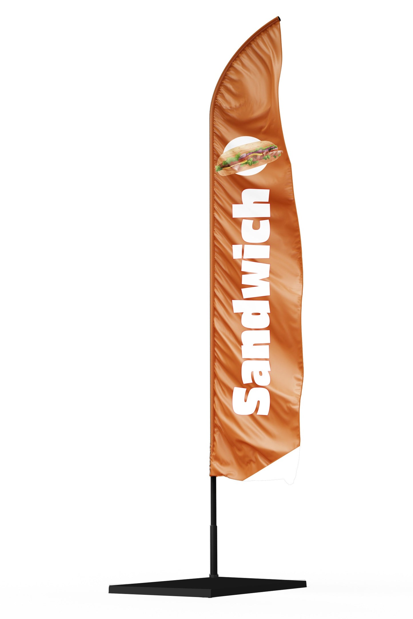 drapeau publicitaire avec une voile marron, une écriture blanche large sur toute la voile et un dessin de sandwich en haut de la voile;