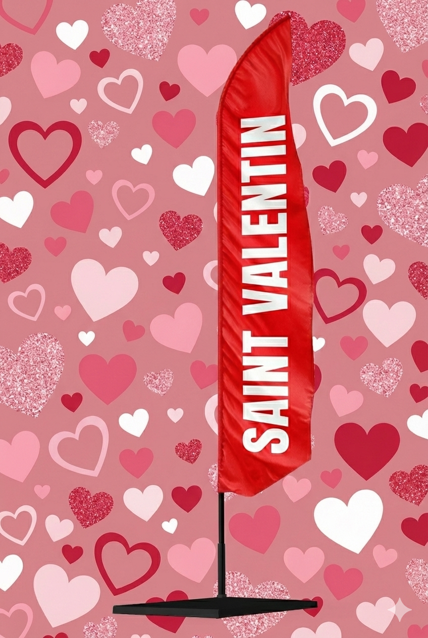 "Oriflamme rouge publicitaire Saint Valentin avec texte blanc, parfait pour décorer vos espaces et célébrer la Saint-Valentin sur un fond de coeurs