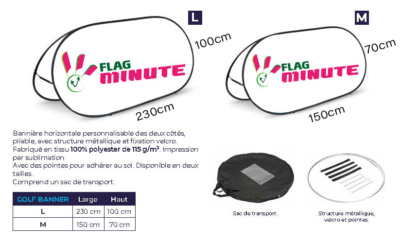 les caractéristiques du golf banner avec les dimensions, la qualité du tissu, le sac de transport et les attaches 