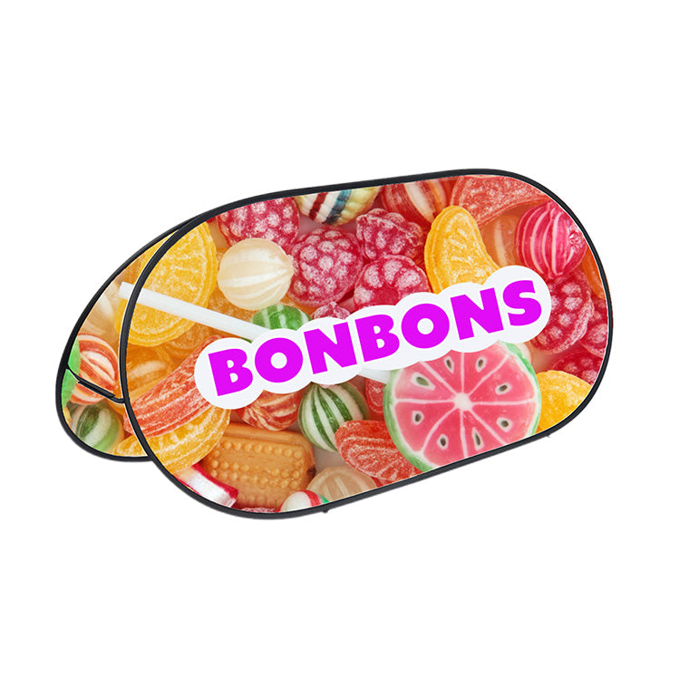 Bannière ovale publicitaire pour bonbons, décorée d'une variété de bonbons colorés et sucrés, avec le texte 'BONBONS' en gros caractères au centre