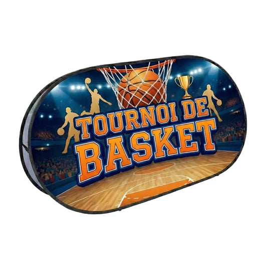 Golf Banner ovale personnalisable 'Tournoi de Basket' avec illustrations de joueurs et de coupe, idéal pour les événements sportifs et les promotions dynamiques