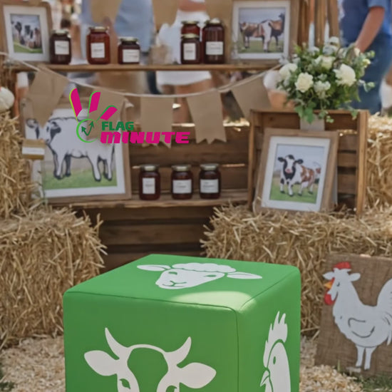 vidéo illustrative du cube publicitaire picto agriculture avec des représentations de vache, mouton et coq 