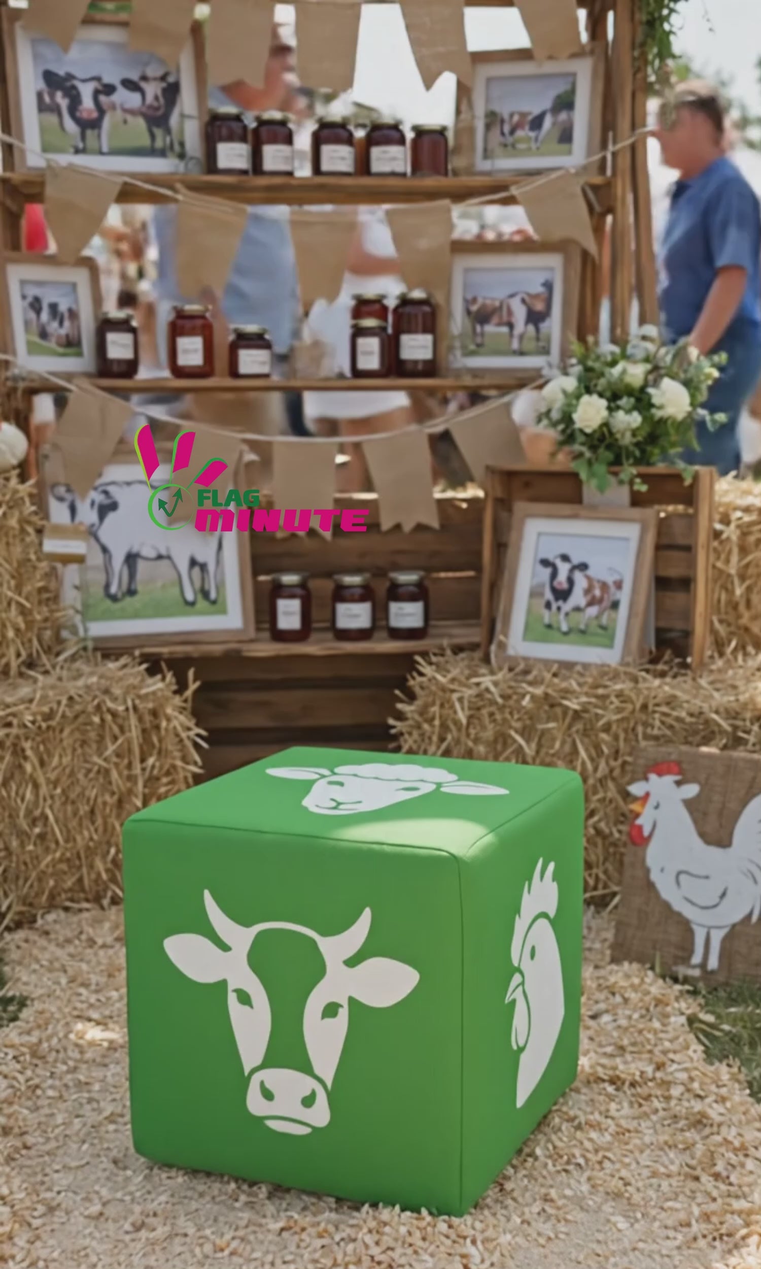 vidéo illustrative du cube publicitaire picto agriculture avec des représentations de vache, mouton et coq 