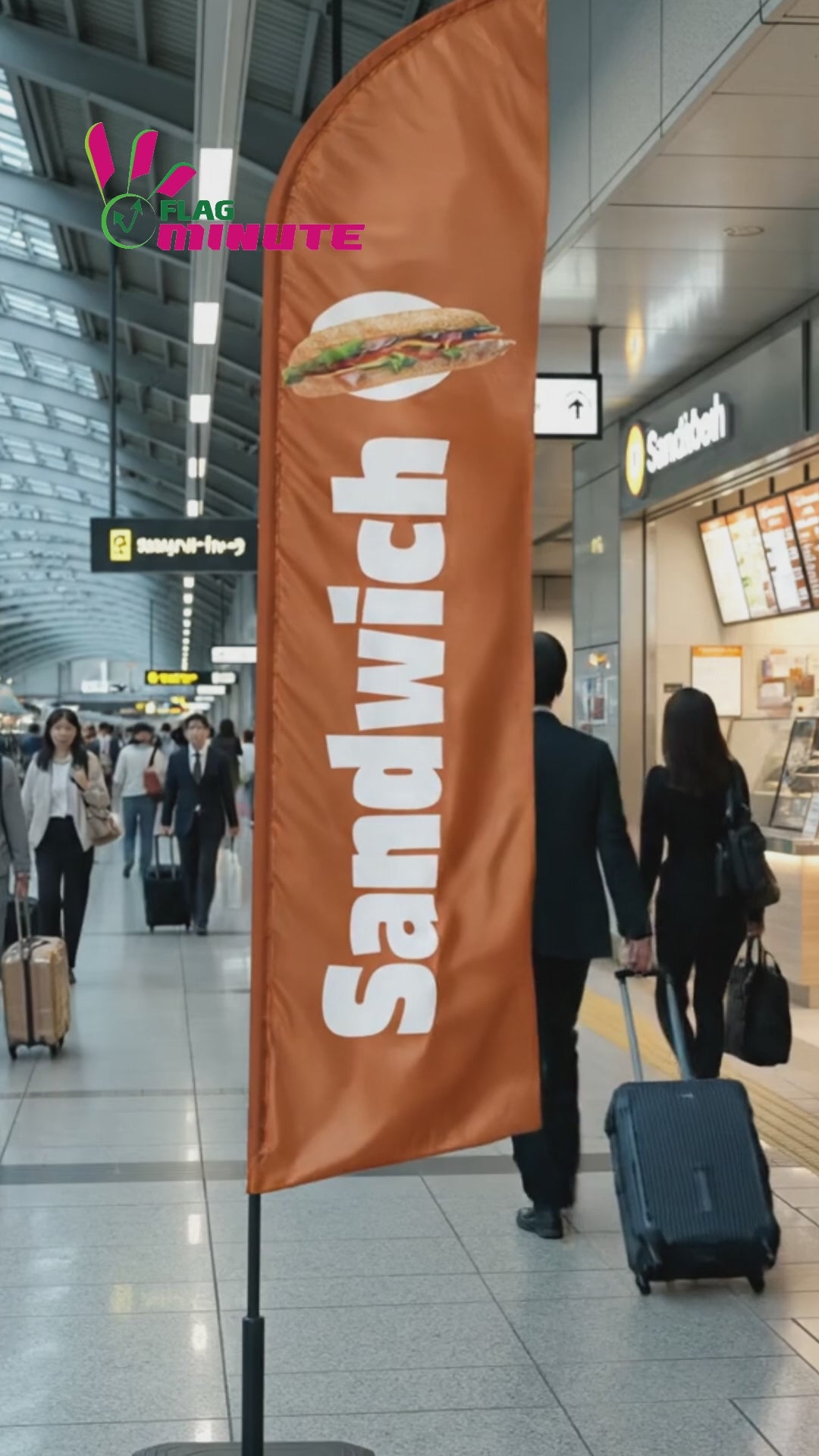 Video du drapeau sandwich, marron avec une écriture large blanche et un logo disponible chez Flag minute 