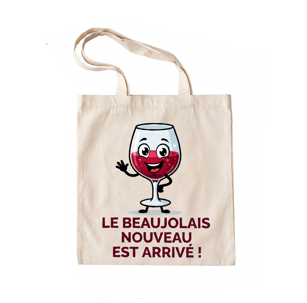 sac tote bag aevc un verre de vin rigolo et une inscription le beaujolais nouveau est arrivé