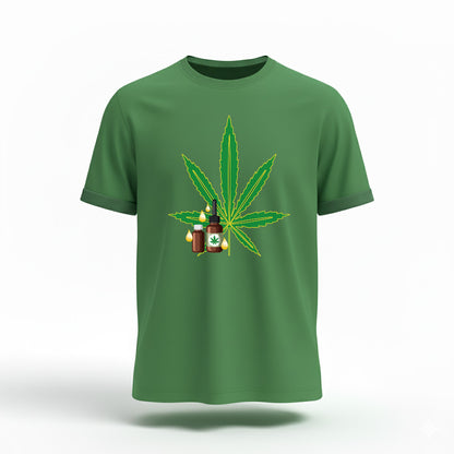 T-shirt personnalisé vert B2B pour TPE. Vêtement professionnel avec logo CBD et flacons d'huile, idéal comme uniforme d'entreprise ou PLV textile pour les Conseillers Produits Naturels. Impression sur mesure de qualité pour PME.