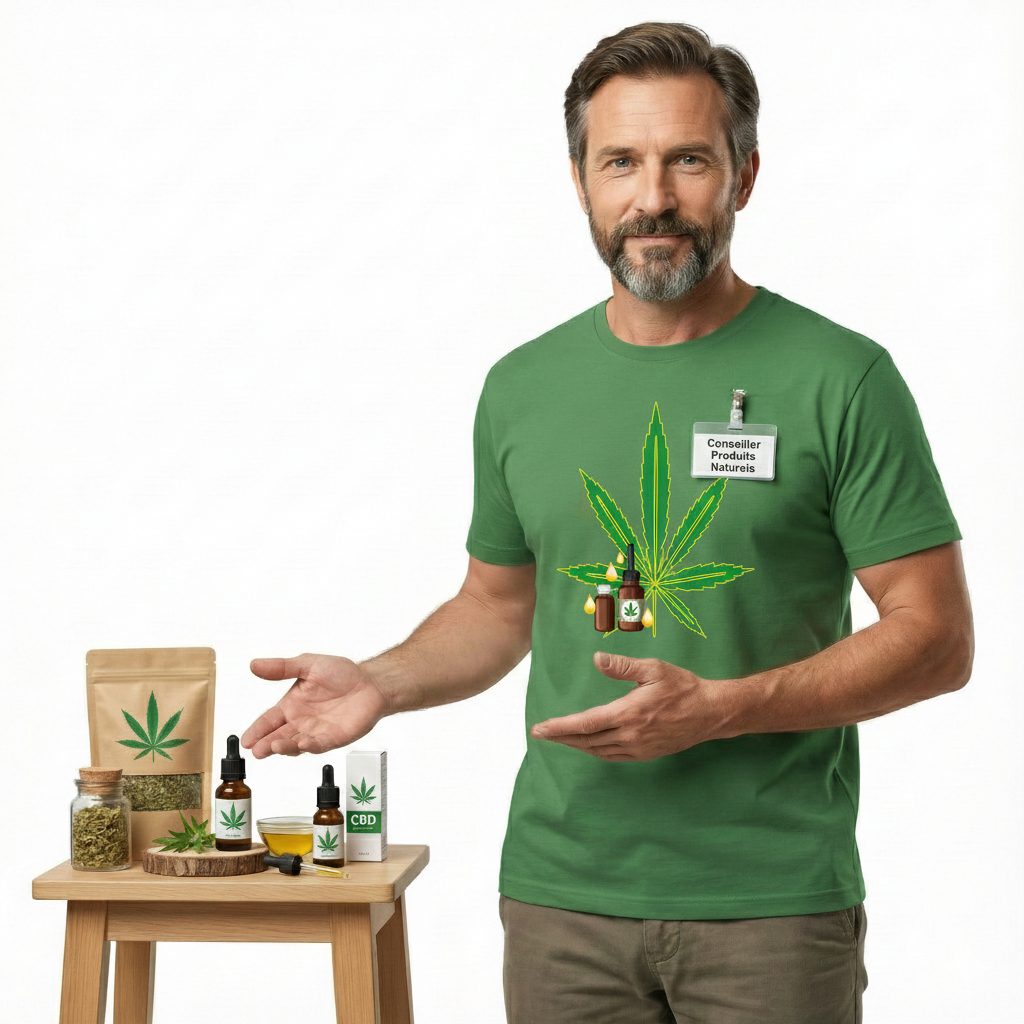 Homme portant un **T-shirt personnalisé vert** pour professionnel du secteur **CBD / Produits Naturels**. Impression sur le torse d'une feuille de cannabis avec flacons d'huile, idéal pour l'équipement PLV ou le **uniforme de TPE** comme **Conseiller Produits Naturels**.