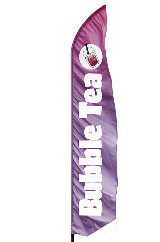 voile seule pour drapeau oriflamme publicitaire bubble tea sur fond violet en écriture blanche large et un gobelet à paille en haut de la voiel 