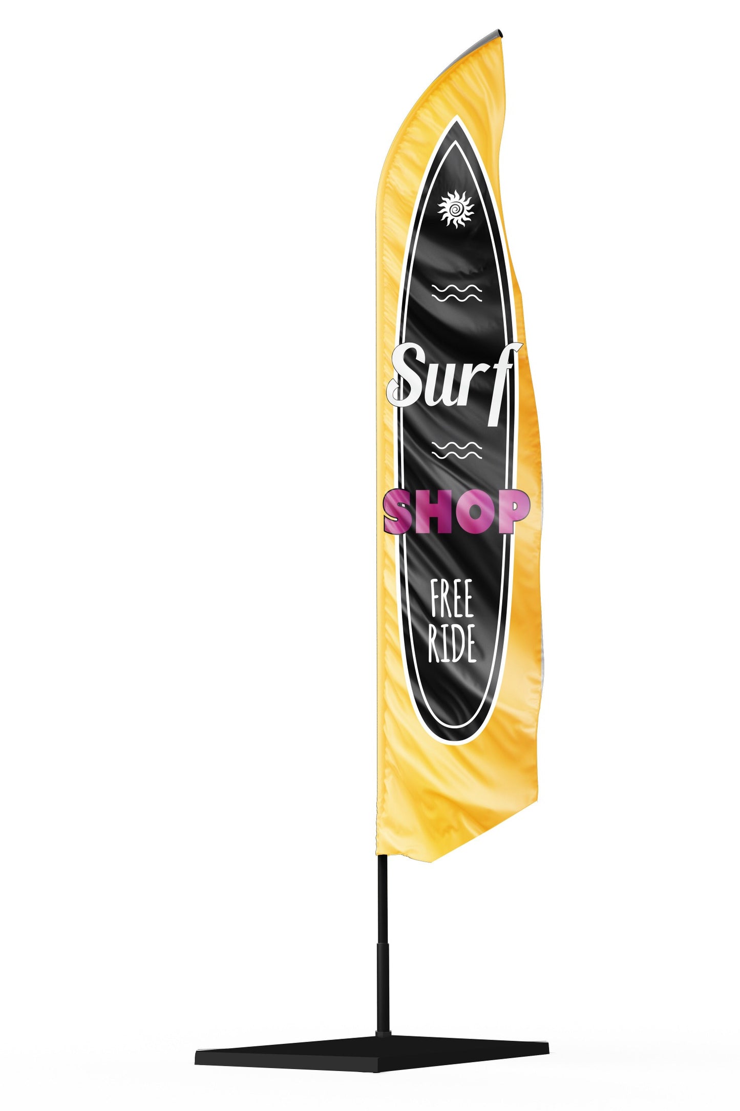 Drapeau oriflamme publicitaire  avec une couleur de fond jaune un inscription SURF SHOP  sur une planche de surf noire
