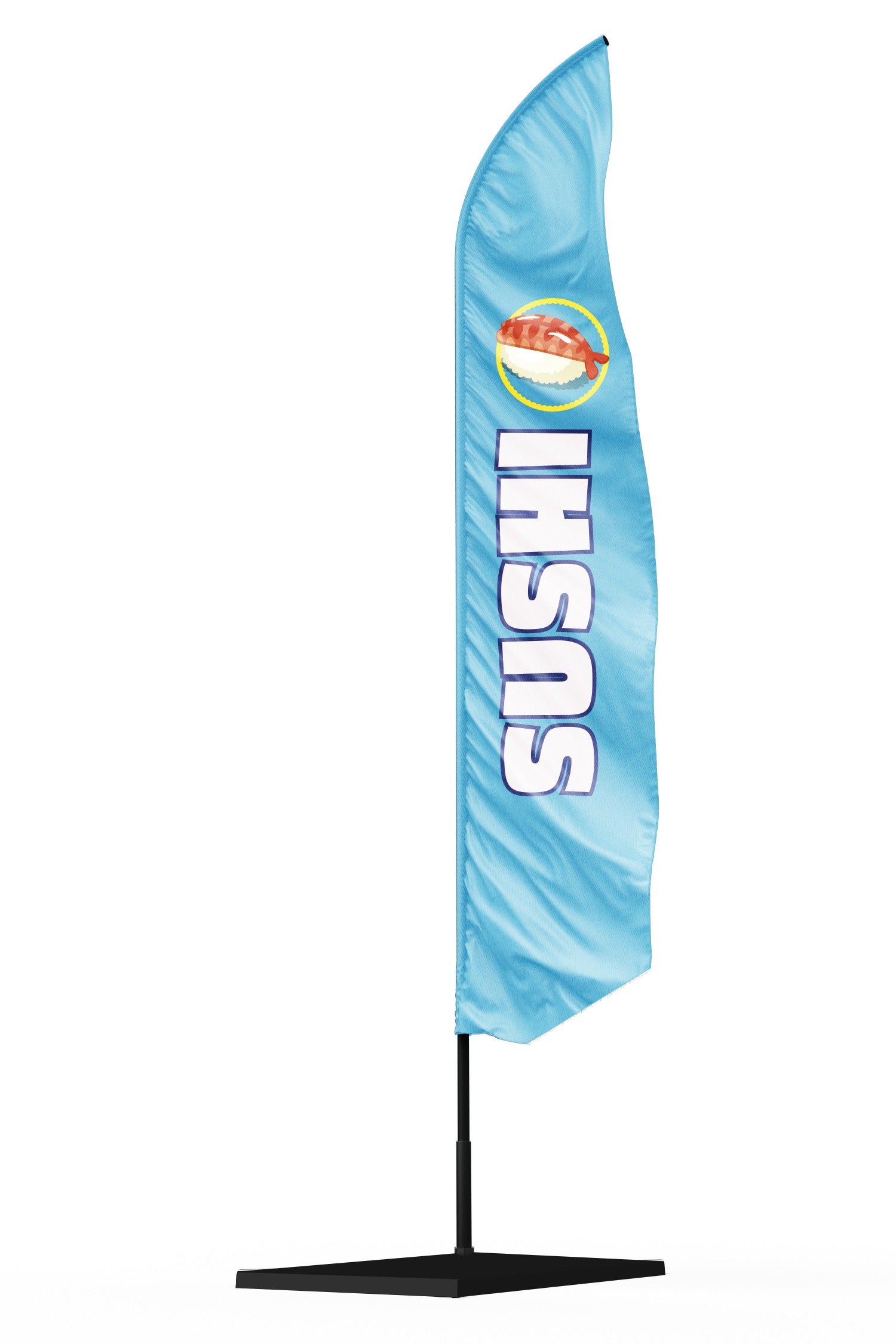 Drapeau oriflamme publicitaire SUSHI fond bleu avec une écriture blanche et un sushi crevette en haut de la voile 
