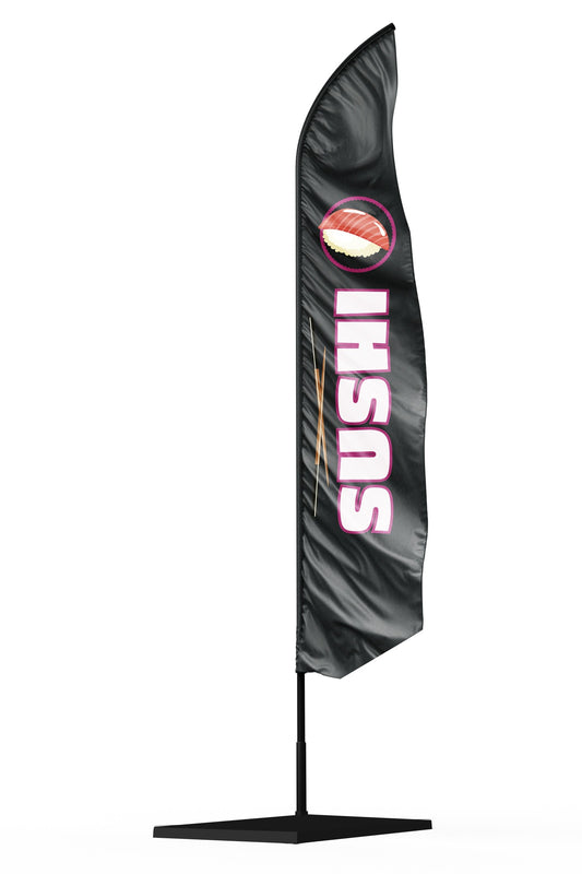 Drapeau oriflamme publicitaire SUSHI fond noir avec une grande écriture sushi des baguettes et un logo de nigri sushi saumon 