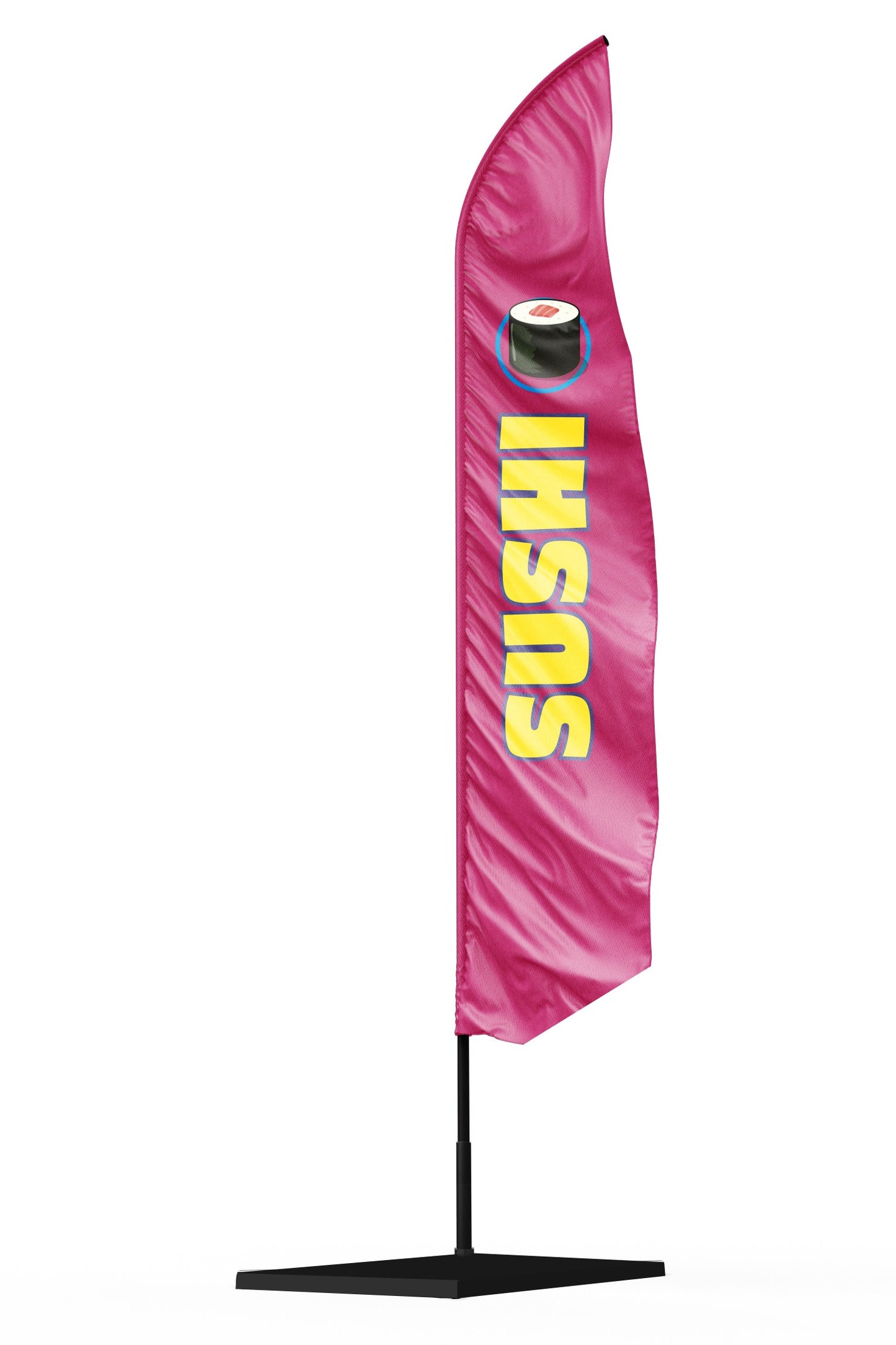 Drapeau oriflamme publicitaire SUSHI fond rose avec une écriture jaune et un maki sushi en haut du drapeau