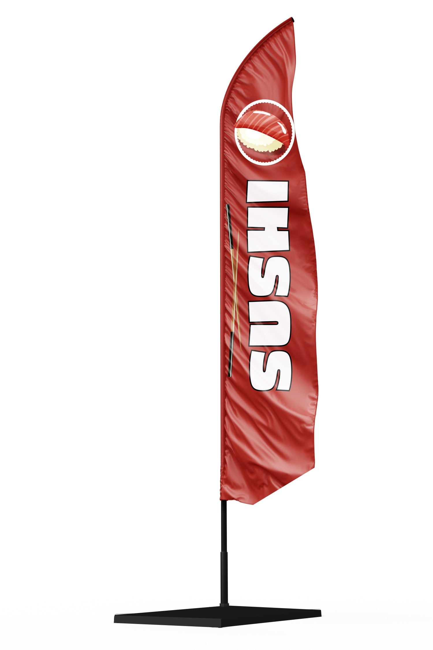 Drapeau oriflamme publicitaire SUSHI fond rouge avec une inscription sushi blanche des baguettes sur le côté et un logo sushi saumon en haut de la voile