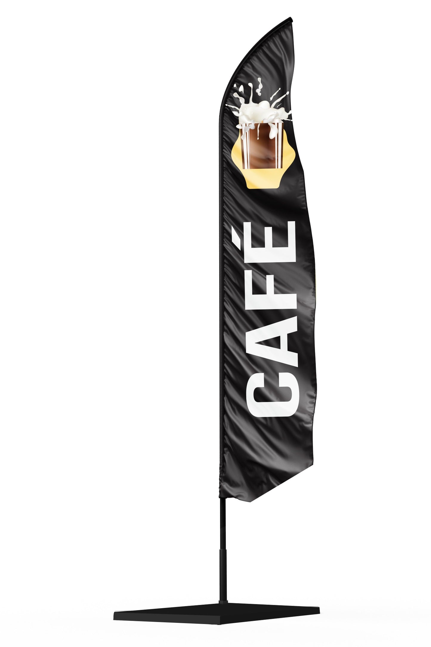 Drapeau oriflamme publicitaire avec une voile noir une inscription blanche café et un logo d'un mug de café