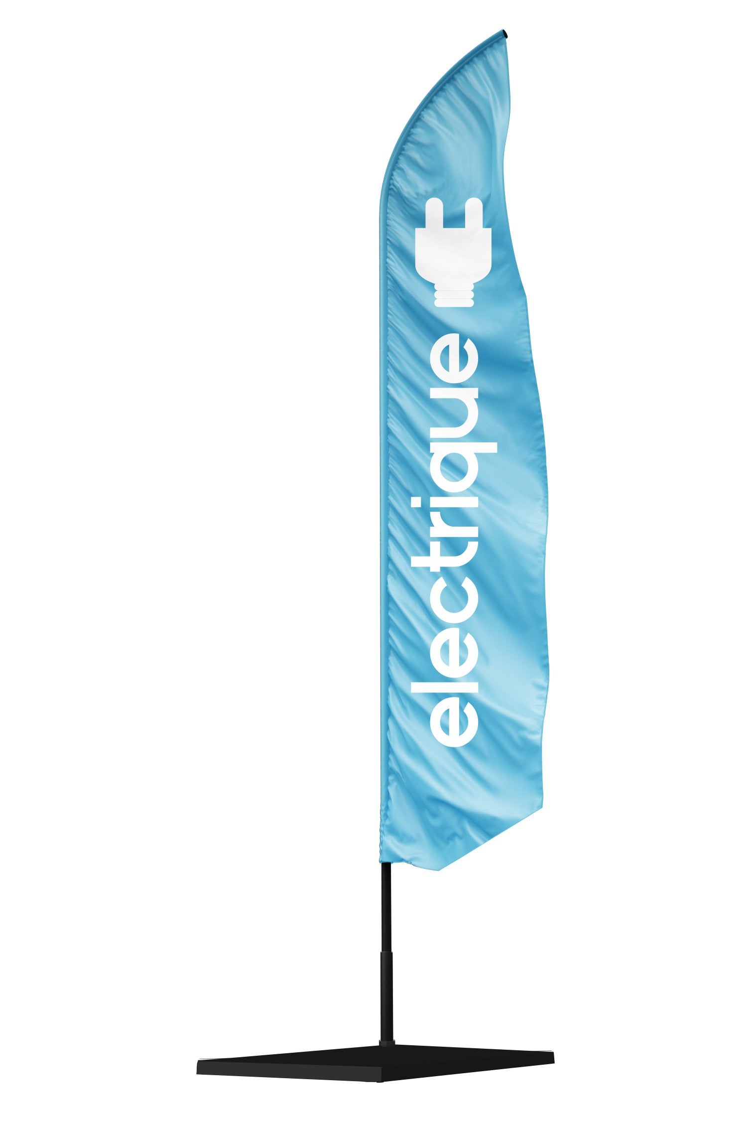 Drapeau  publicitaire bleu avec une grande inscription blanche électrique  et un logo d'une prise électrique en haut de la voile